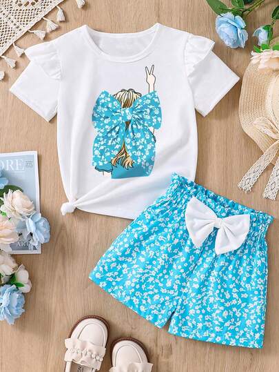 Young Girl Cartoon Print Short Sleeve T-Shirt And Floral Print Shorts Set