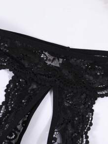 女士性感黑色半透明蕾丝拼布开裆内裤 - 黑色 - 查看 6