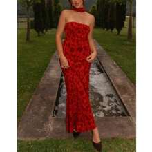 Womens Floral Strapless Dress Y2k Backless Sleeveless Tube Maxi Long Dresses Sexy Mesh Bodycon Summer Beachwear - Dark Red - 查看 2