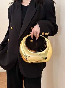 加大码新月形金属亚克力手拿包，镀金亮面时尚圆形晚宴手提包，带环形手柄，是送给女性的完美礼物