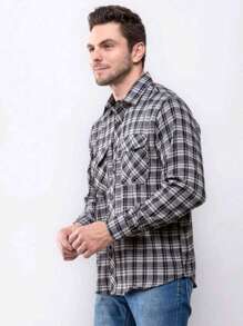 Men's Long Sleeve Plaid Flannel Shirt - Grey - View 1