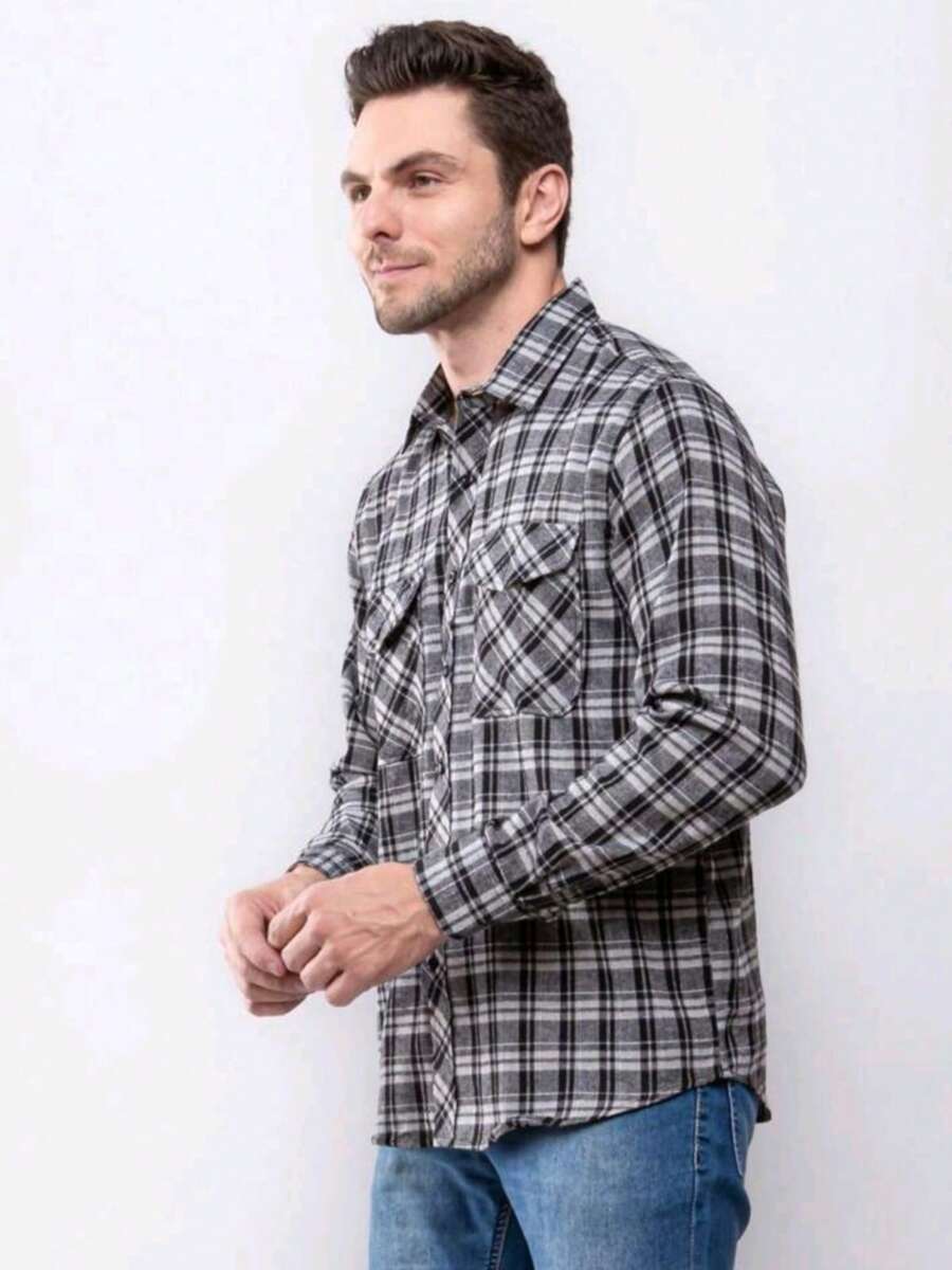 Men's Long Sleeve Plaid Flannel Shirt - Grey - View 1
