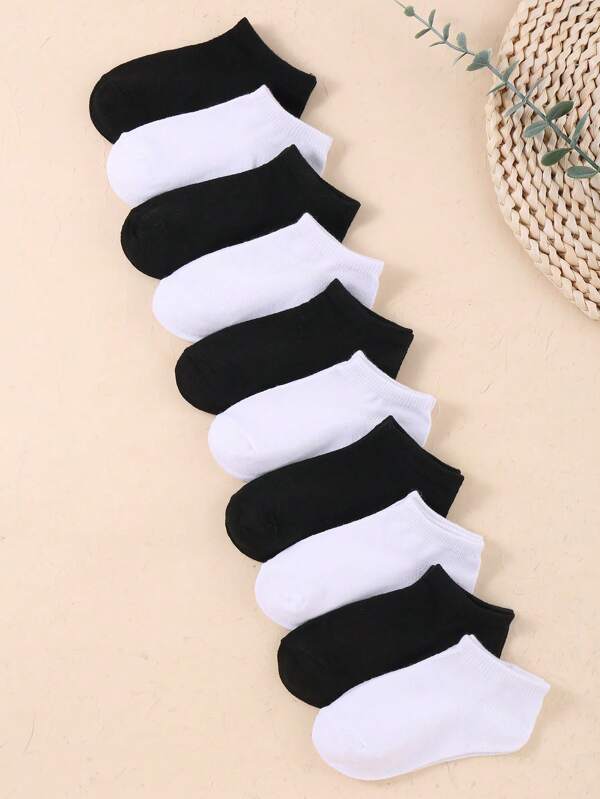 10 pares de meias clássicas e confortáveis para crianças, meias pretas e brancas de cano baixo para treino de futebol e roupas casuais, meias para crianças pequenas