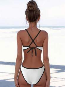 2pcs/Set Contrast Trim White Beach/Swimwear - White With Black Edges - View 2