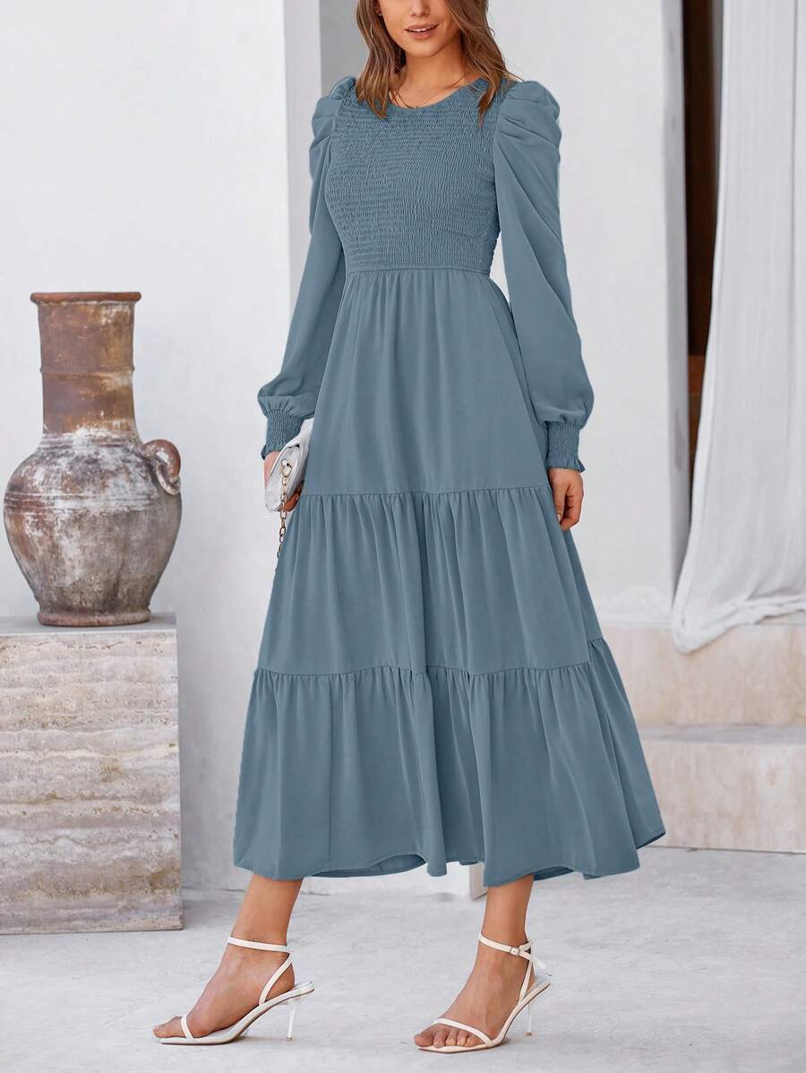 Women's Spring Wedding Guest Puffy Long Sleeve Maxi Dress Casual Round Neck Drawstring Layered A-Line Flutter Long Dress - Gray Blue - View 1