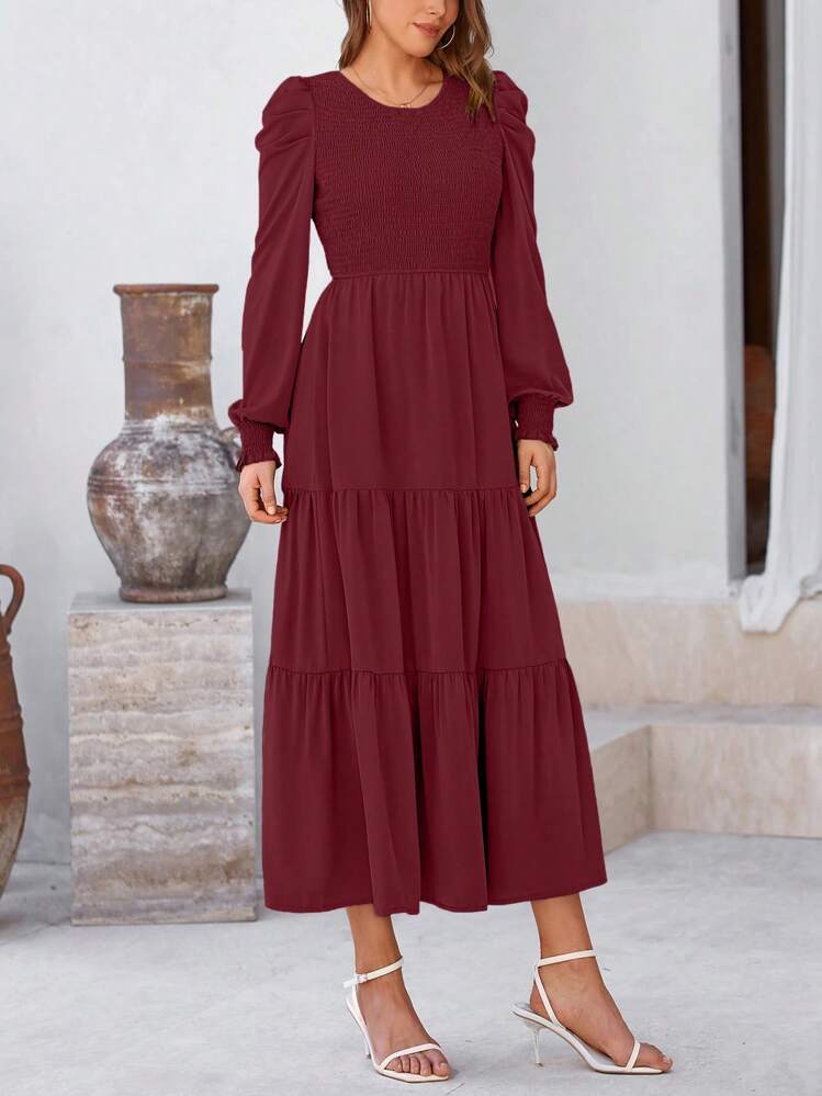 Women's Spring Wedding Guest Puffy Long Sleeve Maxi Dress Casual Round Neck Drawstring Layered A-Line Flutter Long Dress - 酒紅色 - 查看 3