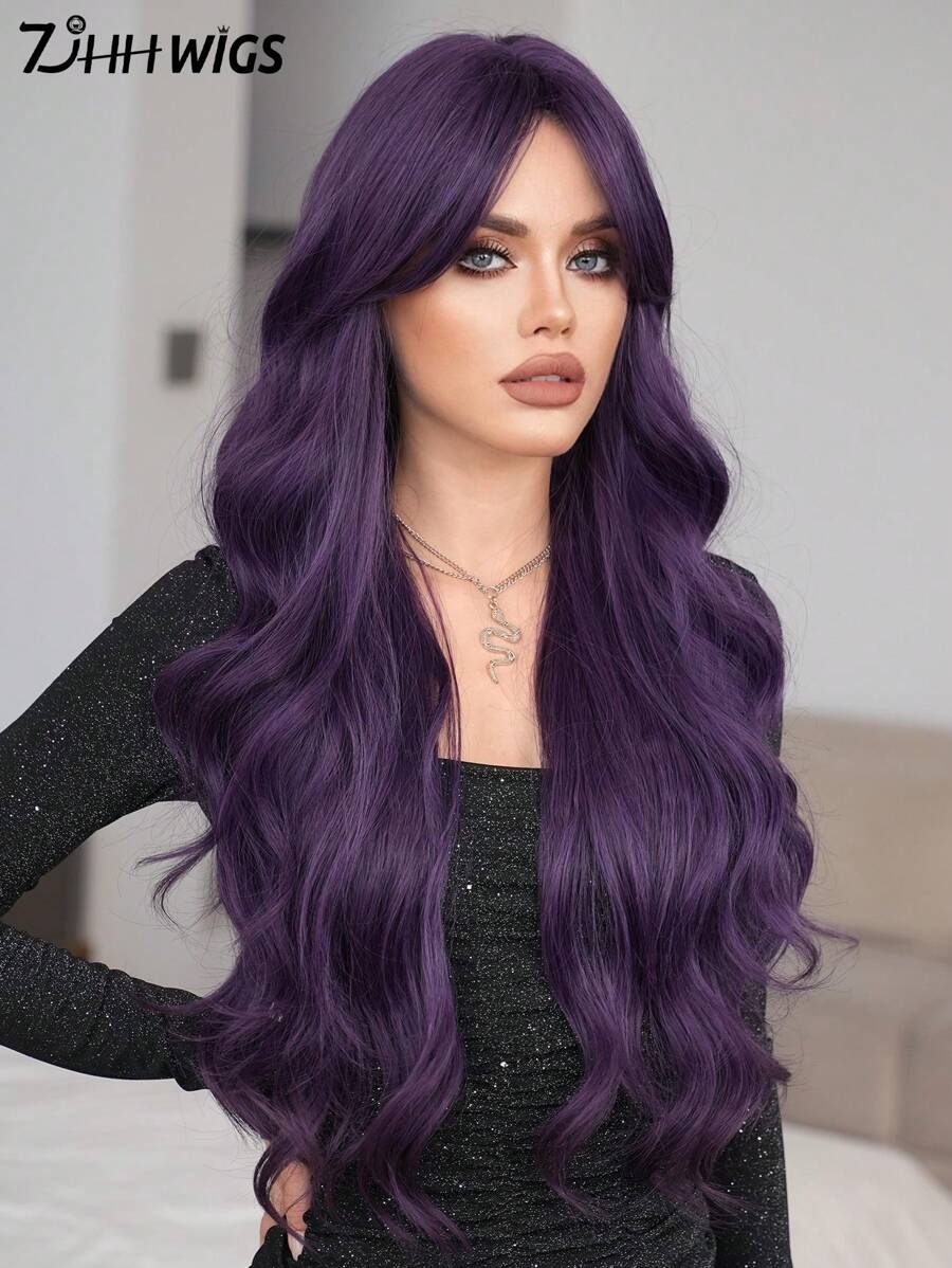 7JHH WIGS Gorgeous Extra Long Wavy Purple Wig For Women, Violet Fluffy Wave Curly Wigs With Curtain Bangs,Synthetic Fiber Full Machine Wigs For Music Festival Party, Y2k Streetwear Daily Use All-Match Fashion Accessories 30 Inch - Màu tím - Xem 1