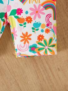 Conjunto de top de manga corta y pantalones cortos con estampado floral, arcoíris y sol para niñas jóvenes, adecuado para exteriores, playa y vacaciones - Rosa Fucsia - Ver 7