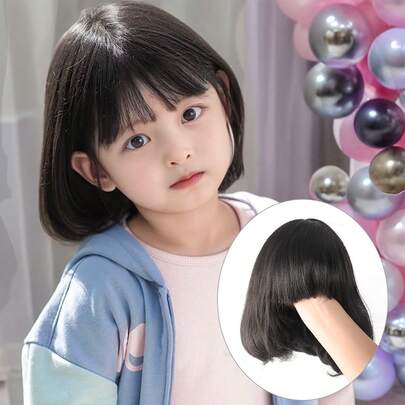 儿童短款黑色假发女童时尚可爱空气刘海自然短款短直发假发全头顶头带合成耐热假发
