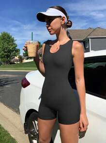 1 Pack Women's Summer Casual U Neck Solid Color Sleeveless Jumpsuit
