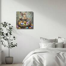 1pc Framed Wall Art, Wrapped Canvas Poster Vintage Prints, Easter Day, A Bunny Sitting In A Basket With Painted Eggs, Birthday Party Decor, Decorative Wall Art For Living Room Bedroom Office, Hanging Hardware Included - Framed