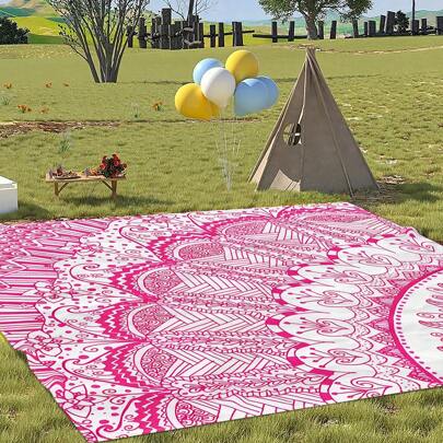 1pc Digitally Printed Picnic Mat, Pink Mandala Pattern, Foldable & Compact, Polyester Fabric, Thick & Protective, Scratch-Resistant, Dust & Water Proof, Washable, Suitable For 2-8 People, Suitable For Picnic, Camping, Beach, Backyard Gathering