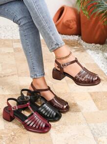 Damen Mode handgewebte Schuhe, Plateau-Sandalen mit dickem Absatz wasserfest, geschlossene Zehenpartie in Braun, neue vielseitige quadratische Zehenform Ausschnitt-Knöchelriemen Plateau-Absatz Lässig Outdoor atmungsaktiv komfortable High-Heel Sandalen für Frühling/Sommer