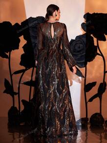 Vestido largo de noche con escote redondo, manga larga y decoración de lentejuelas negras, vestido formal y de fiesta para invitado de boda