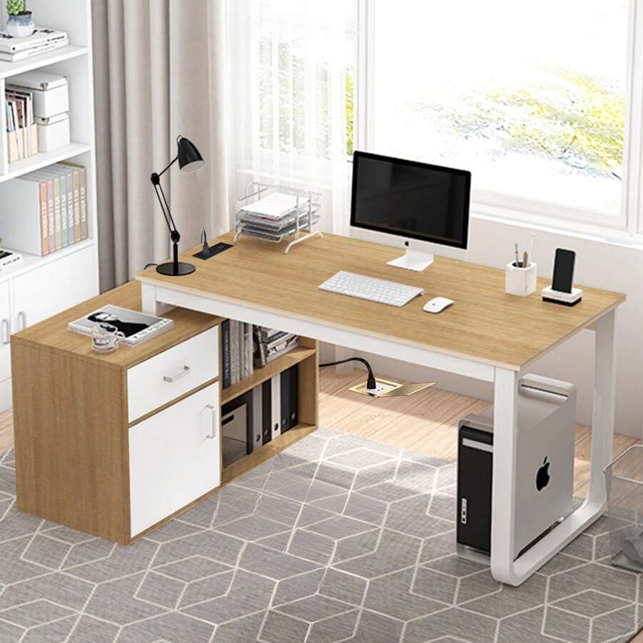 Mesa de estudio reversible con 2 estantes y toma de corriente - Blanco - Ver 1
