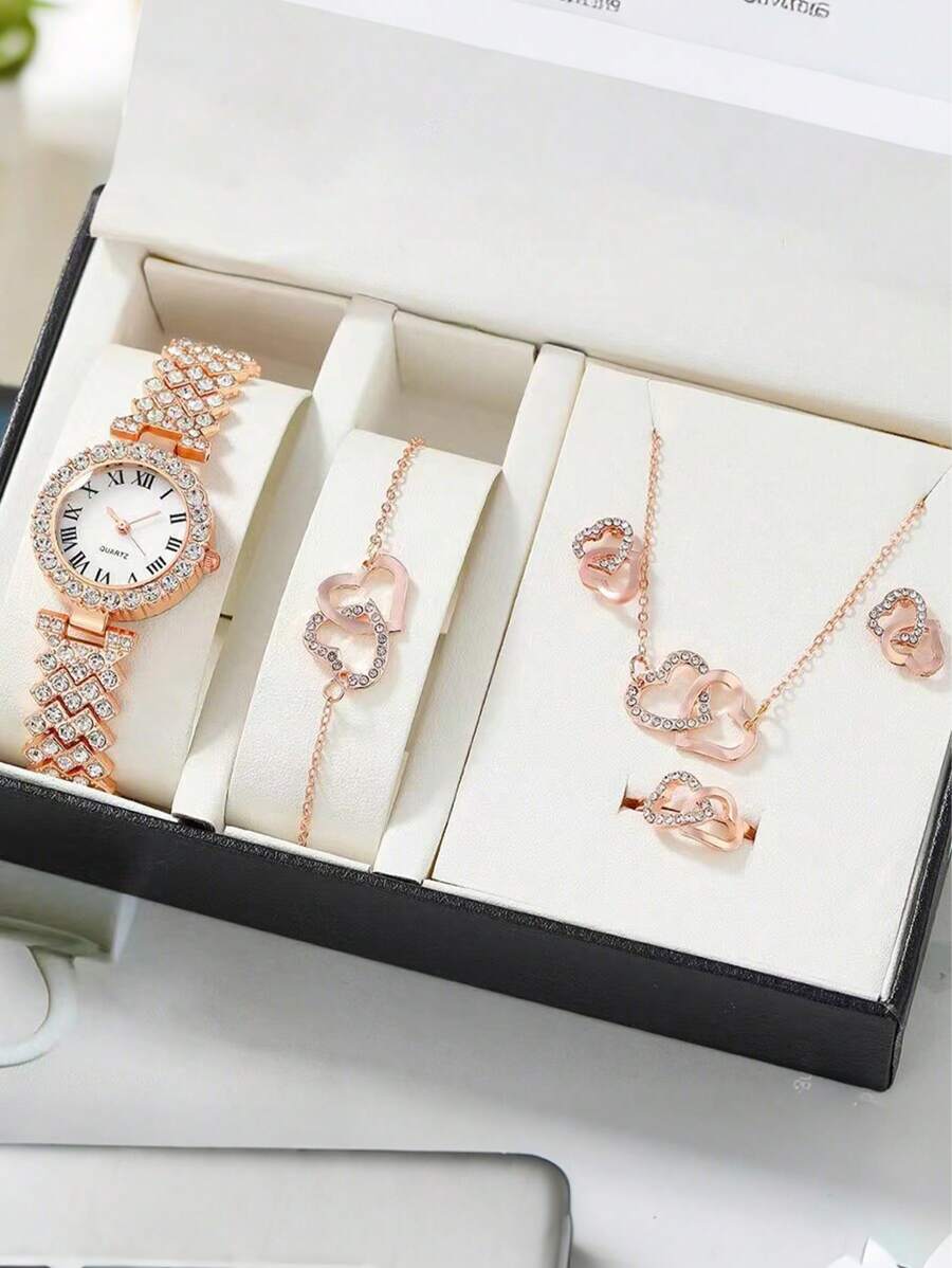 6-Piece Girl's Watch Set With Rhinestones, Roman Numeral Dial Quartz Watch + Bracelet, Necklace, Ring, Earrings, Alloy Band And Case, Gift For Mother's Day, Birthday, Anniversary - Multicolor - View 1