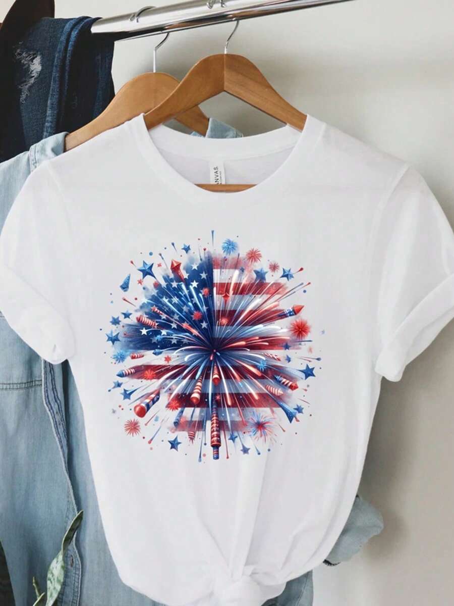 Camiseta divertida 100% algodón Camiseta de mujer con fuegos artificiales de EE. UU., Camiseta del 4 de julio, Camiseta del Día de la Independencia, América, Camiseta roja, blanca y azul, Camiseta patriótica, Camiseta estadounidense - Blanco - Ver 1