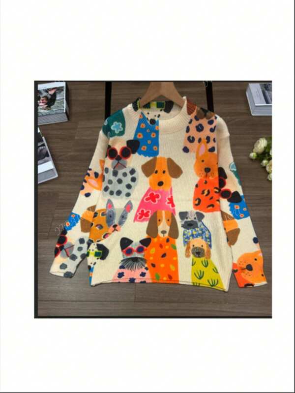 Women 3D Dog Print Knit Sweater, Casual For Autumn/Winter