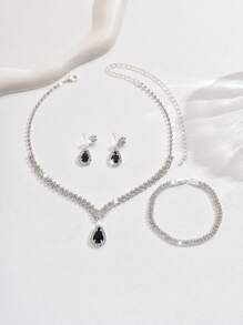 3pcs/Set Silver Women's Metal & Rhinestone Necklace, Earrings, Bracelet Bridal Wedding Jewelry Set - 734783 Black Suit - View 3