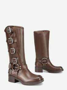 Women's Knee-High Boots, Comfortable Chunky Block Heel Pointed Toe Pull On Side Zipper Suede Slouch Riding Boots - Khaki - View 6