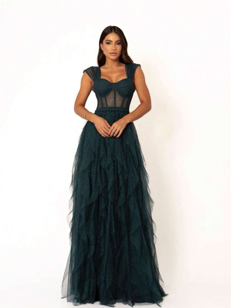 Dress For Weddings And Events With Corset And Flared Skirt. - Dark Green - View 1