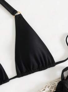 Women's Solid Color Metal Ring Tie-Up Bikini Set - Black - View 2