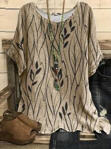 Plus Women's Plant Printed Round Neck Short Sleeved Loose T-Shirt Tops - Khaki - View 1