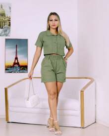 Linen Set - Coat And Shorts With  Style - Màu xanh lá cây đậm - Xem 3