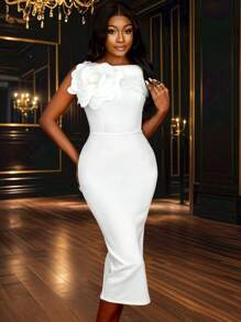 Vestido elegante de fiesta de boda, ducha nupcial, con cuello asimétrico, manga corta con volantes 3D, blanco, hasta la rodilla