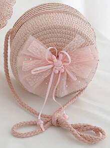 1pc Girls Cute Princess Style Straw Bow-Knot Tote Bag, Pink, Suitable For Princess Outings, Beach And Daily Use - Bow - View 11