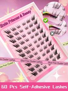 60片C型卷翘自粘蓬松假睫毛簇，长度8-16毫米混合，无需胶水，打造自然狐狸眼妆效，自粘单根假睫毛，DIY睫毛嫁接，预涂胶睫毛簇，自然纤长睫毛，猫眼睫毛簇，无需胶水，无需卸妆产品 - 黑色 - 查看 6