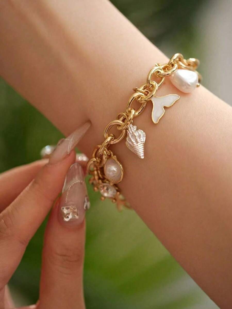 1pc Starfish & Shell Pendant Bracelet, Suitable For Women To Wear Casually In Spring/Summer - White - View 1