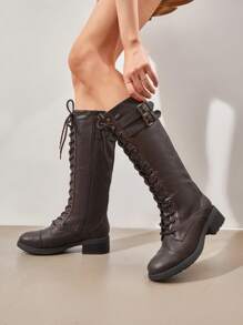Women's Camel Faux Leather Pu Knee High Riding Combat Boots - 棕色 - 查看 4