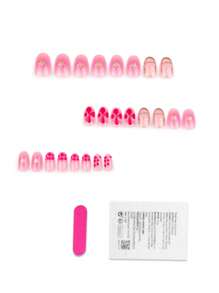 24片椭圆形渐变法式美甲贴纸，淡粉色花朵和金色线条图案，亮面全覆盖假指甲，Y2K风格，适合女性日常、约会、派对等场合。