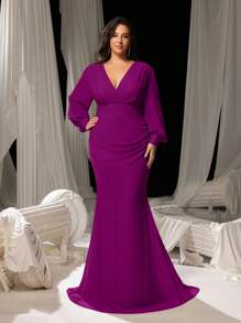 Faeriesty Curve Empowering Plus-Size V-Neck Evening Gown With Lantern Sleeves & Sculpted Mermaid Hem – Timeless Floor-Length Formal Dress For Weddings, Black-Tie Galas, Award Ceremonies, Opera Nights, And High-Profile Charity Events - 紫色 - 查看 3