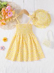 MommBaby Vestido de niña bebé con estampado de flores y sombrero a juego, tirantes con lazo, sin mangas, estilo casual de playa para el verano