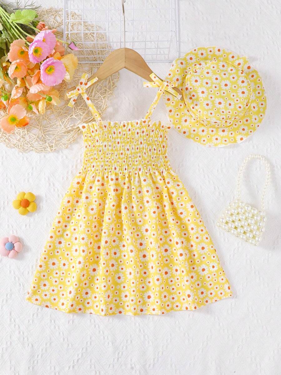 MommBaby Vestido de niña bebé con estampado de flores y sombrero a juego, tirantes con lazo, sin mangas, estilo casual de playa para el verano
