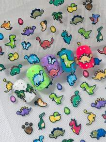 Pegatinas populares y lindas de dinosaurios de diferentes colores y variedades de dinosaurios de dibujos animados para decorar las uñas en el salón de belleza
