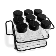 Seasoning Condiment Spice Holder Kit With 9 Plastic Jars 130ml Double Measuring Lid Iron Basket With Handle To Organize Kitchen Countertop Home Pantry Cabinet - 黑色 - 查看 9