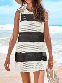 Womens Swimsuit Cover Up Sleeveless Knit Summer Outfits Swimwear Bathing Suit Coverup Crochet Backless Hollow-Out Beach Dress - 條紋 - 查看 3