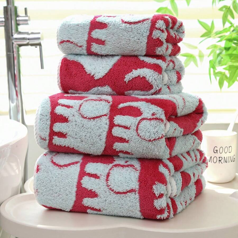 1pc Coral Fleece Bath Towel/2pcs Coral Fleece Bath Towel & Hand Towel Set, Elephant Design, Super Absorbent, Lint-Free, Soft & Skin-Friendly, Suitable For Bathroom, Face & Body, 3 Colors Available - Multicolor - View 1
