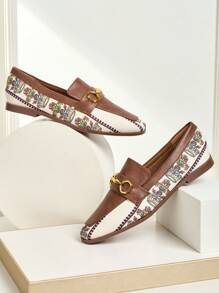 Premium Colorblock Square Toe Women Loafers Shoes With Metal Buckle, Versatile Classic Slip-On Casual Fashion Shoes