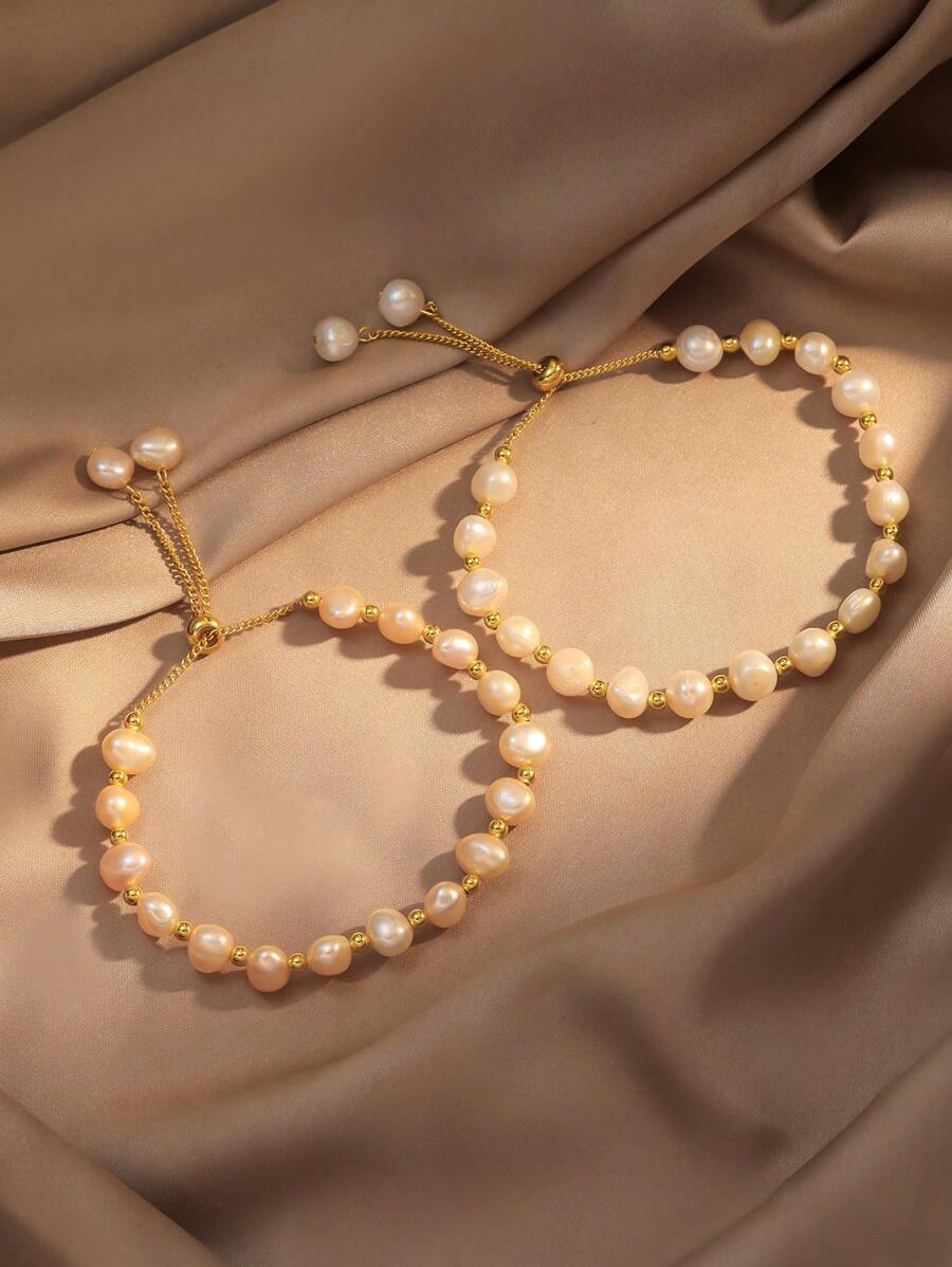 Baroque Shaped Freshwater Pearl Bracelet Pull-Out Daily Minimalist Mother's Day Gift - Gold - View 1