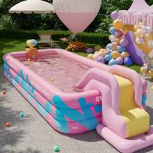 1pc Pink Striped Inflatable Pool, Suitable For Leisure, Entertainment, Party Water Activities