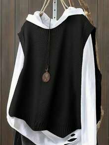 Plus Size Casual Solid Color Crew Neck Knit Sweater Vest - Black - View 2