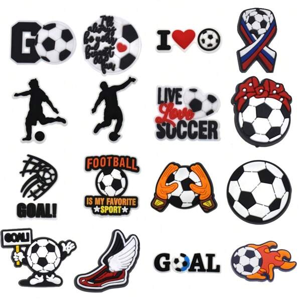 16PCS/SET Football Sports Series PVC Shoe Charms, Goalie Gloves Soccer Goals I Love Soccer Slogan Patterns Shoe Decorations DIY Gifts