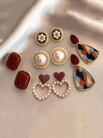 10pcs Vintage Pearl Hollow Heart Shaped Luxury Dual Tone Earring Set, Unique Gift For Women, Suitable For Dates And Parties