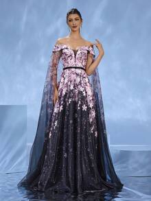 DELLA COUTURE 梦幻粉色碎花紧身修身晚礼服，飘逸薄纱设计，彰显高贵气质，腰部珠饰，优雅浪漫，拖地长裙，适合派对、晚宴、婚礼等正式场合，女士夏装 - 粉色 - 查看 6