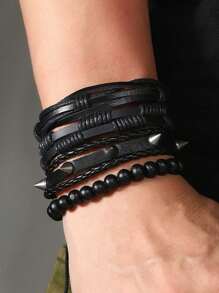 4Pcs/Set Volcanic Stone Wood Beads Multi-Layer Men's Bracelet Combination Set Elastic Bracelet