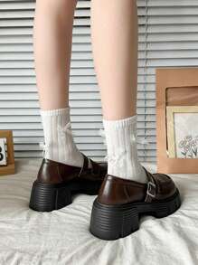 Mocasines de suela gruesa y color liso para mujer, estilo escolar con cordones, zapatos cómodos y ligeros